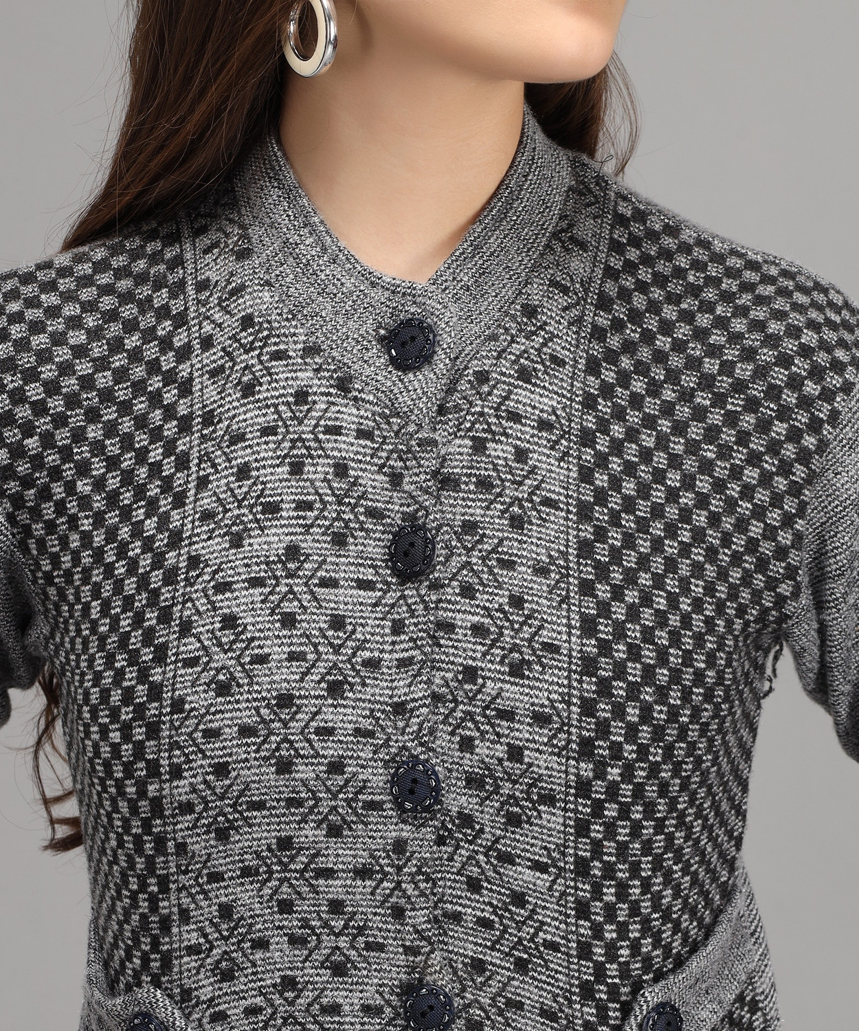 Image of Divastri Printed High Neck Casual Women Grey Sweater