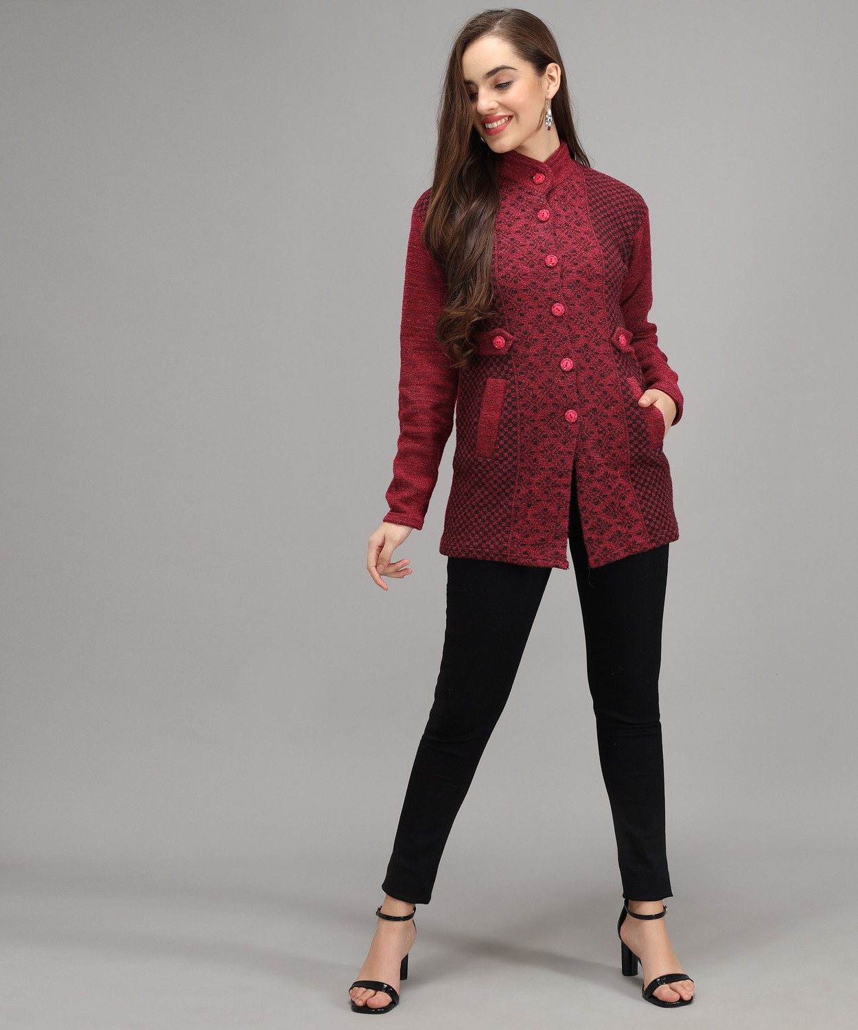 Image of Divastri Printed High Neck Casual Women Pink Sweater