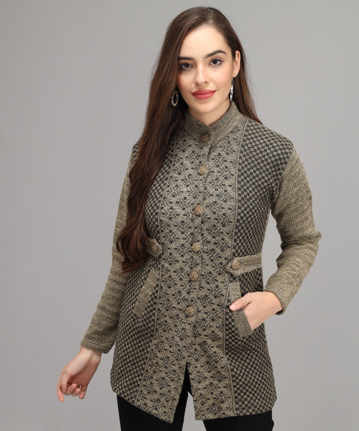 Image of Divastri Printed High Neck Casual Women Beige Sweater
