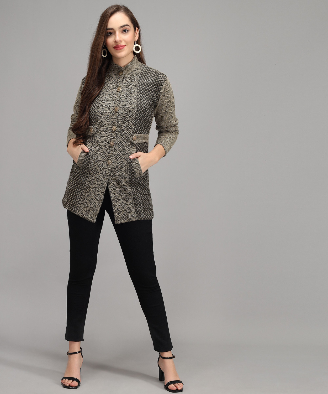 Image of Divastri Printed High Neck Casual Women Beige Sweater