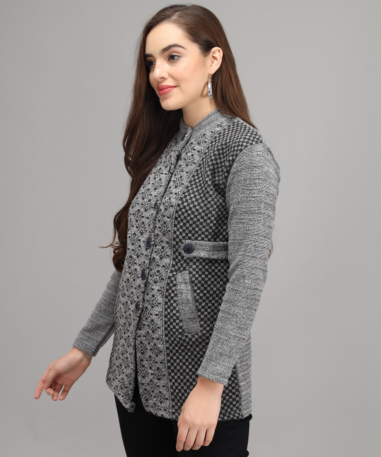 Image of Divastri Printed High Neck Casual Women Grey Sweater