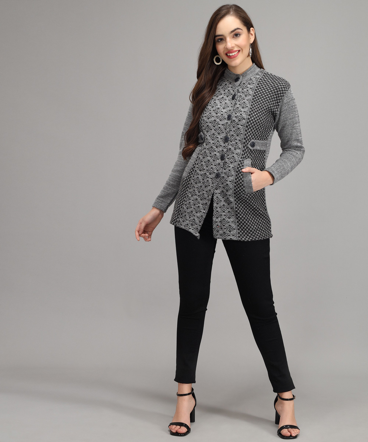 Image of Divastri Printed High Neck Casual Women Grey Sweater