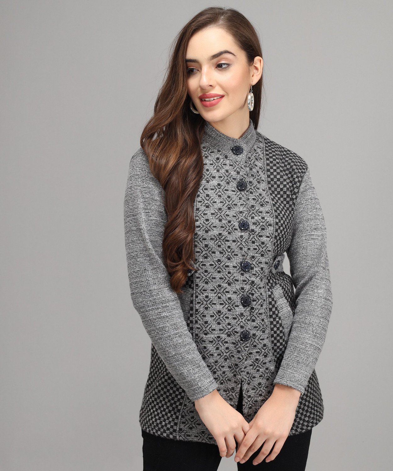 Image of Divastri Printed High Neck Casual Women Grey Sweater