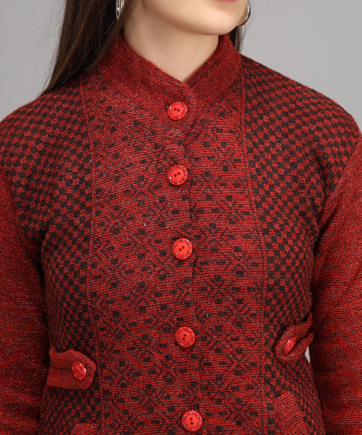 Image of Divastri Printed High Neck Casual Women Maroon Sweater