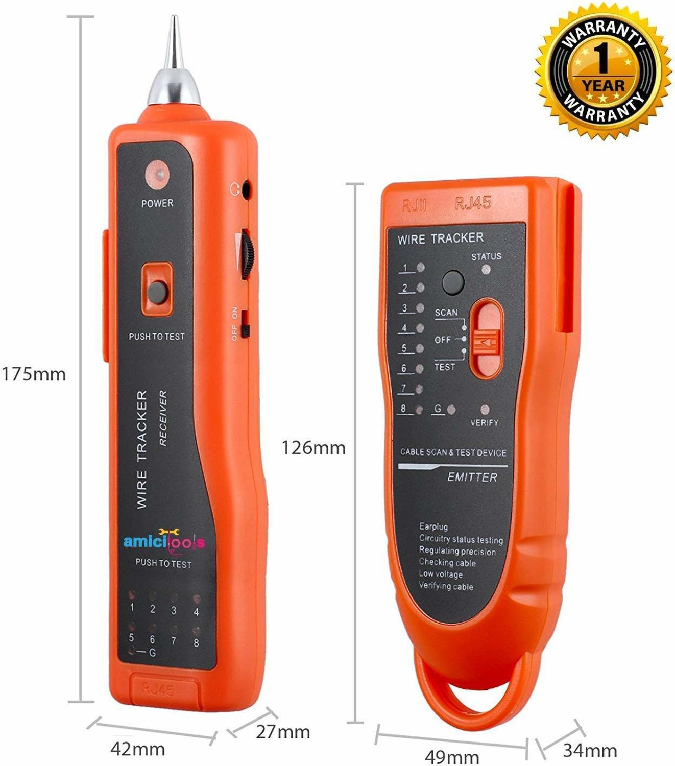 Image of amiciTools XQ-350 Wire Tracker, Cable Break Point Tester for Network Cable (RJ45), Ethernet LAN, Telephone Line (RJ11) with 2X 9V Batteries Digital Multimeter