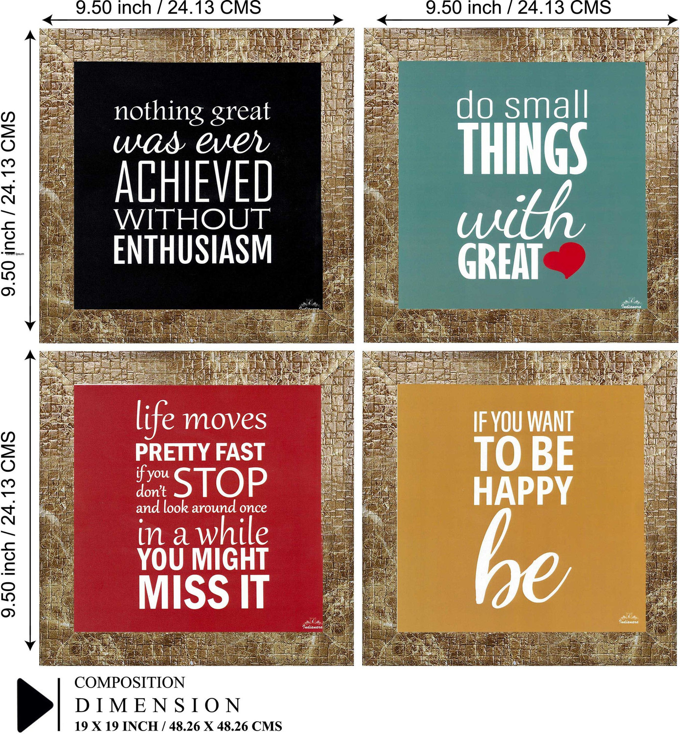 Image of Indianara Set of 4 Motivational Office Decor Framed Wall Hanging Laminated Paintings Matt Art Prints 9.5 inch x 9.5 inch each without Glass (1429MBR) Digital Reprint 19 inch x 19 inch Painting