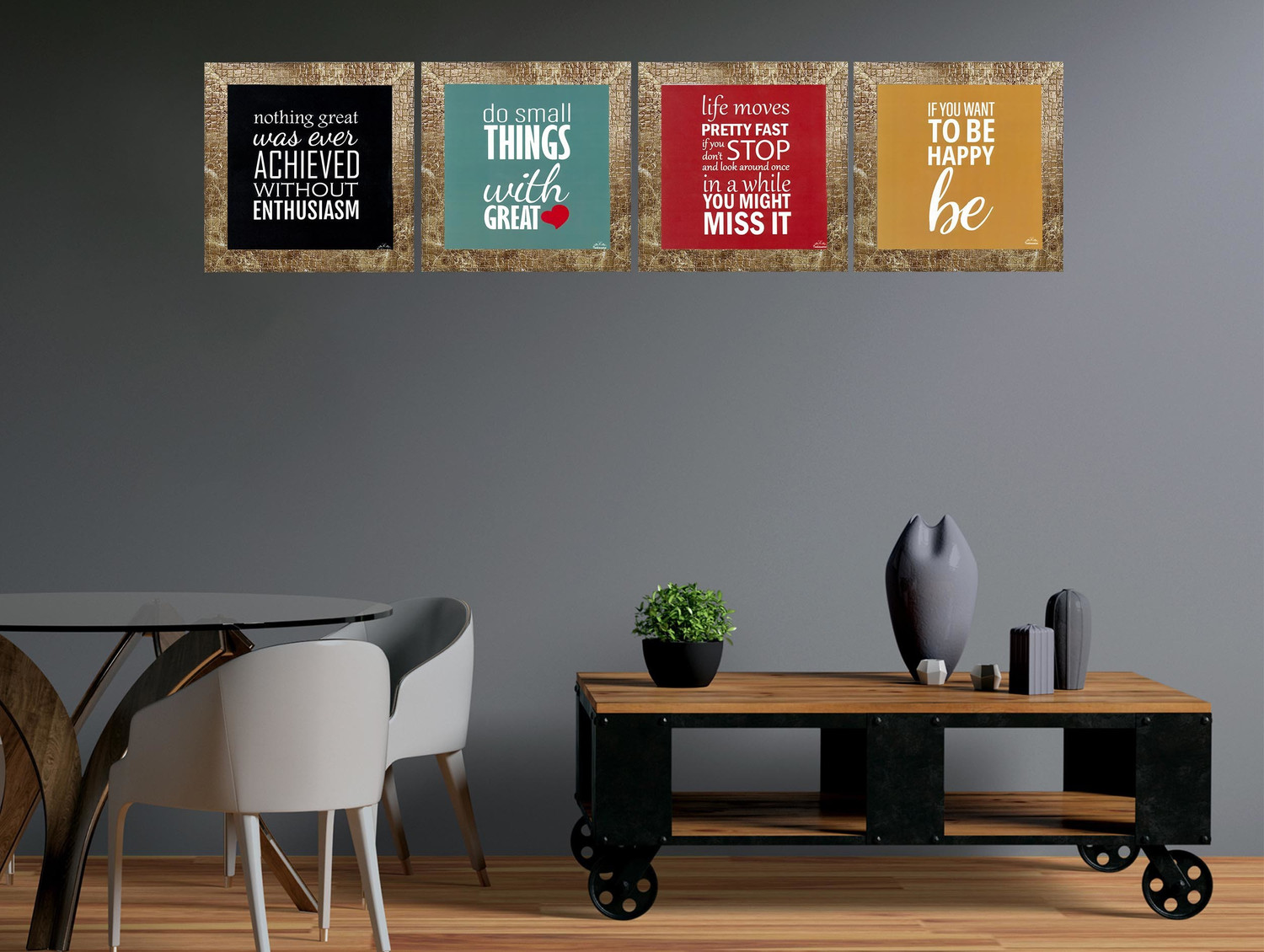 Image of Indianara Set of 4 Motivational Office Decor Framed Wall Hanging Laminated Paintings Matt Art Prints 9.5 inch x 9.5 inch each without Glass (1429MBR) Digital Reprint 19 inch x 19 inch Painting