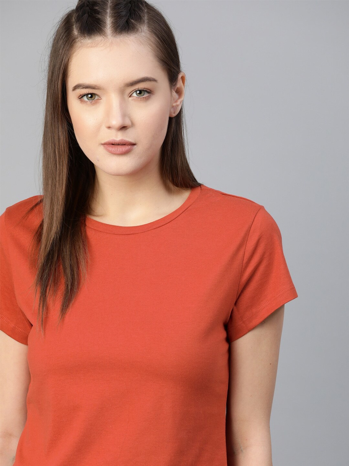 Image of Roadster Solid Women Round Neck Orange T-Shirt