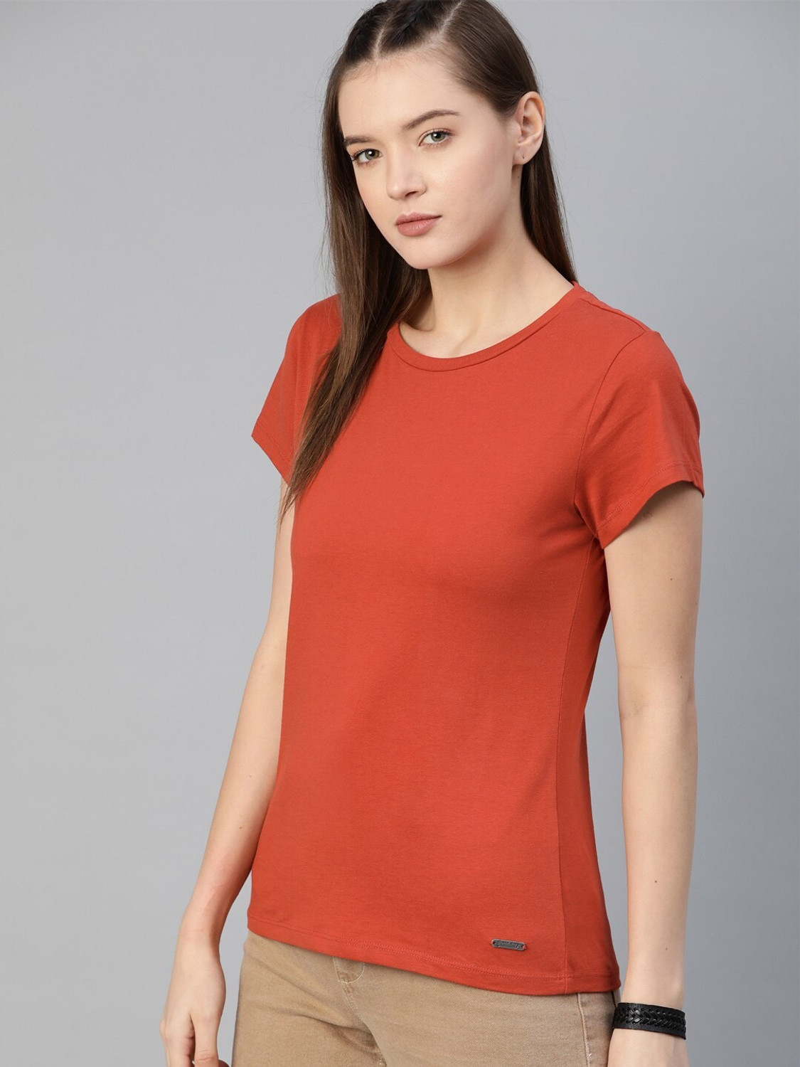 Image of Roadster Solid Women Round Neck Orange T-Shirt