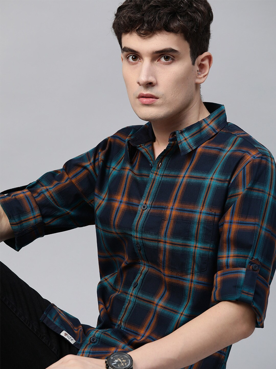 Image of Roadster Men Checkered Casual Dark Blue Shirt