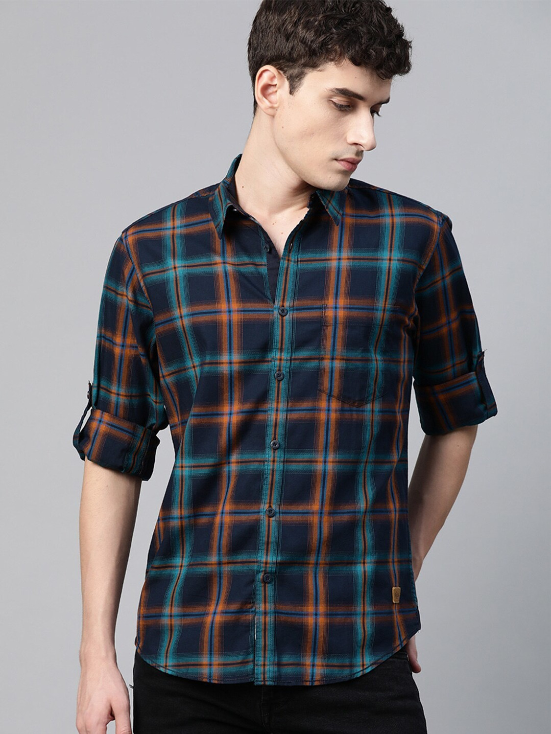 Image of Roadster Men Checkered Casual Dark Blue Shirt