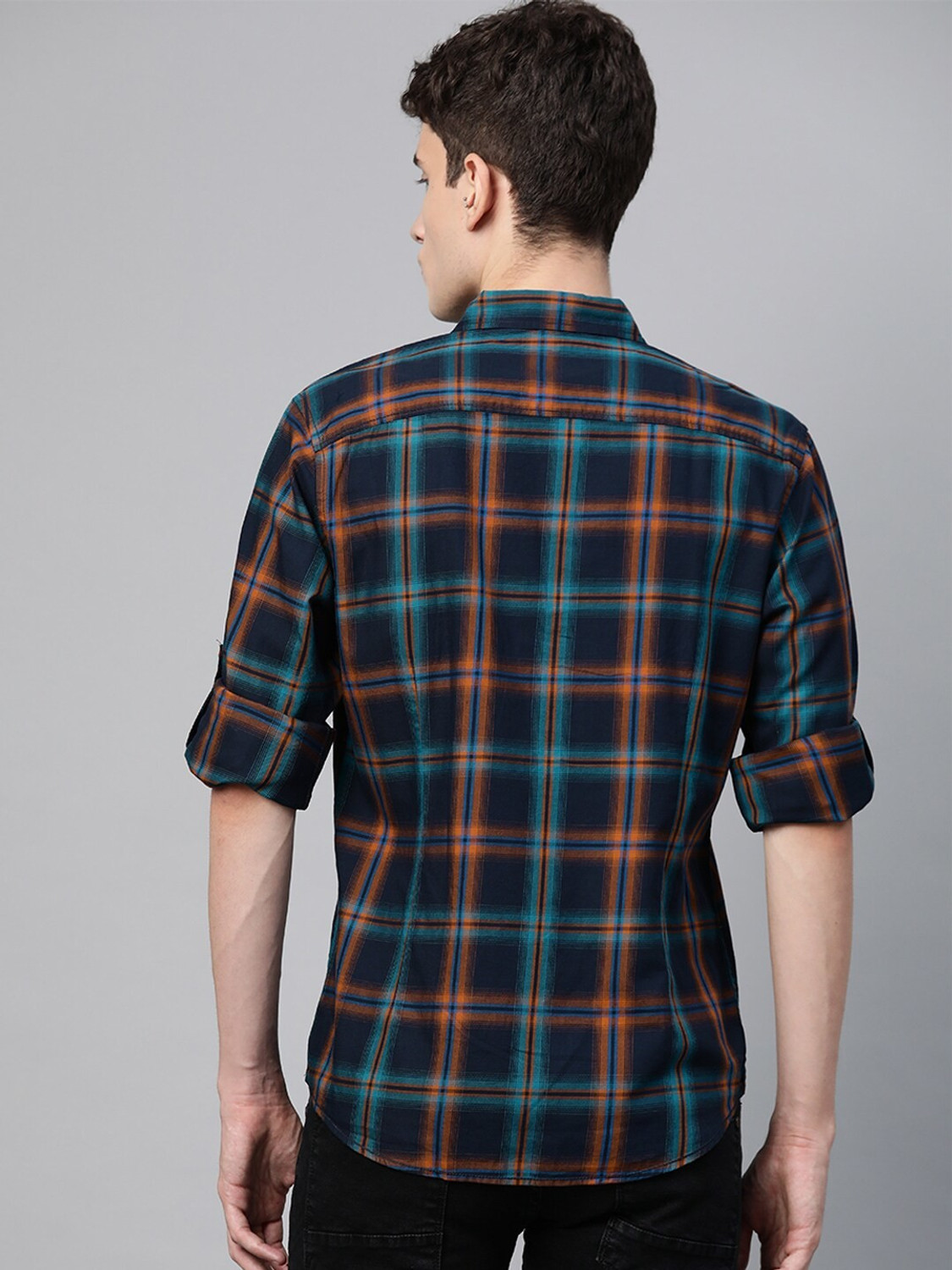 Image of Roadster Men Checkered Casual Dark Blue Shirt