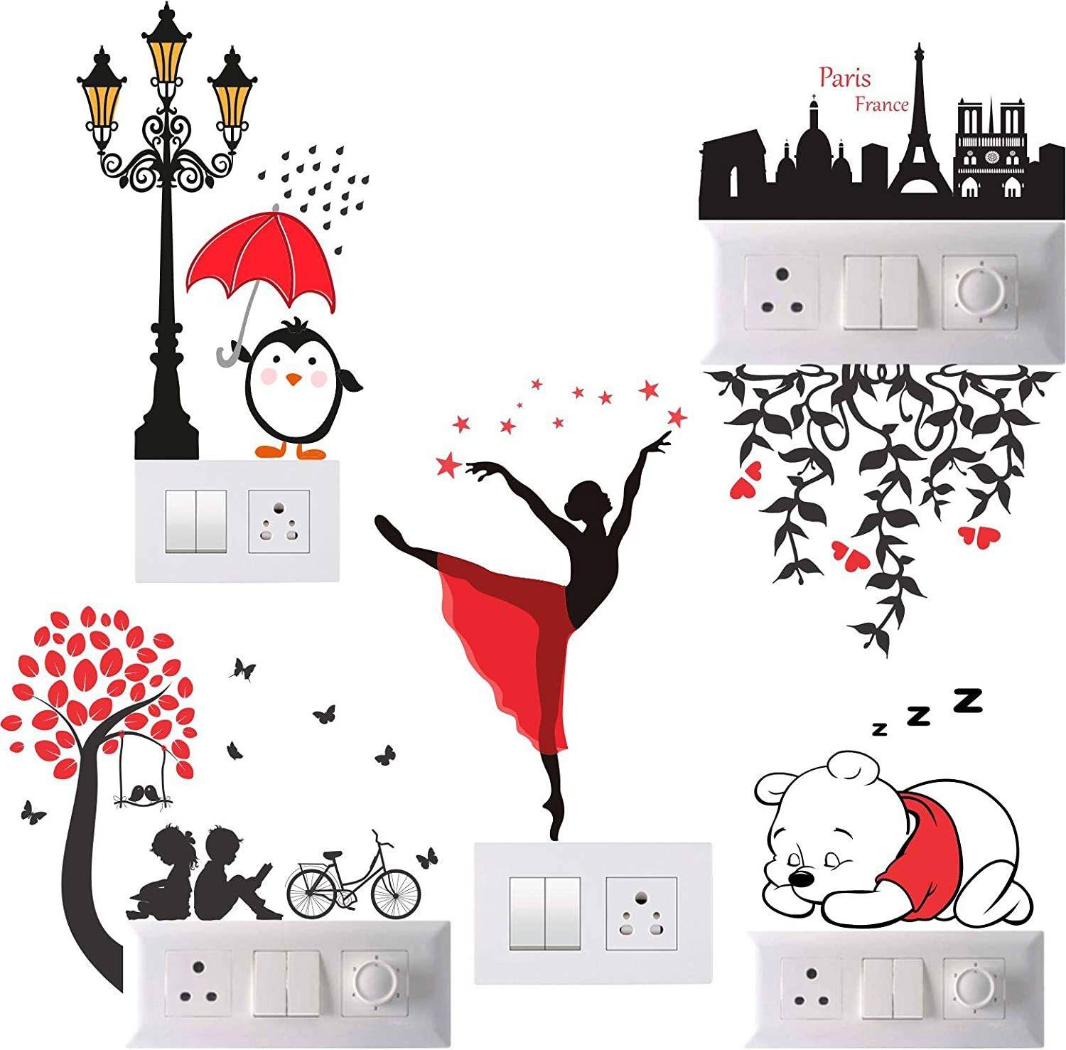 Byte Studio 15 cm Switch penal sticker of Cute baby panda and panda hanging tree with branch for decoretive your home's switch board(pvc vinyl sticker, Multicolor) Reusable Sticker