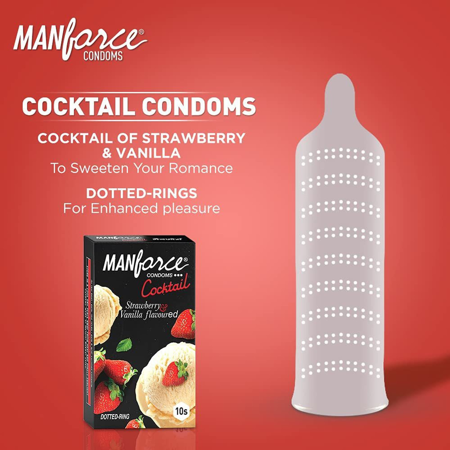 Image of MANFORCE Cocktail Condoms with Dotted-Rings, Strawberry & Vanilla Flavoured- 10 Pieces & 3 in 1 Wild Ribbed Contour Dotted Strawberry Flavor Condoms - 10 Pieces Condom (Set of 2, 20 Sheets)