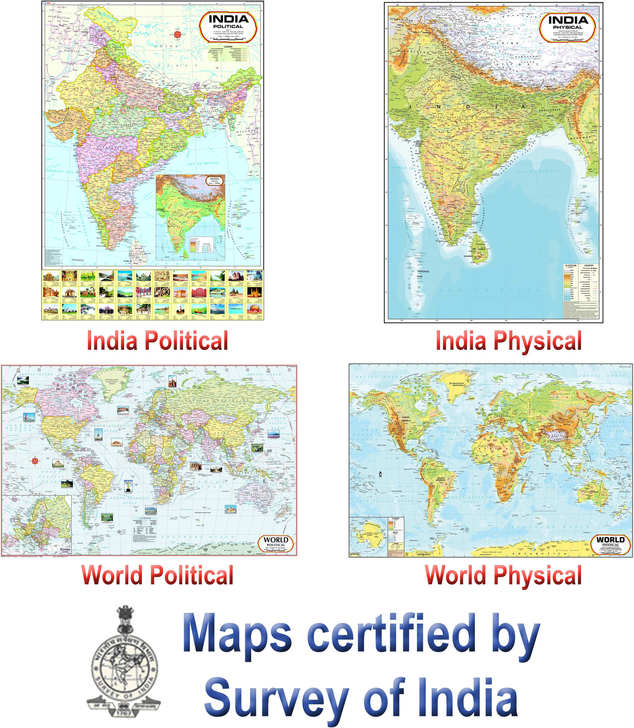 Image of India & World Map ( Both Political & Physical ) with Constitution of India Chart | LAMINATED SET OF 6 Photographic Paper
