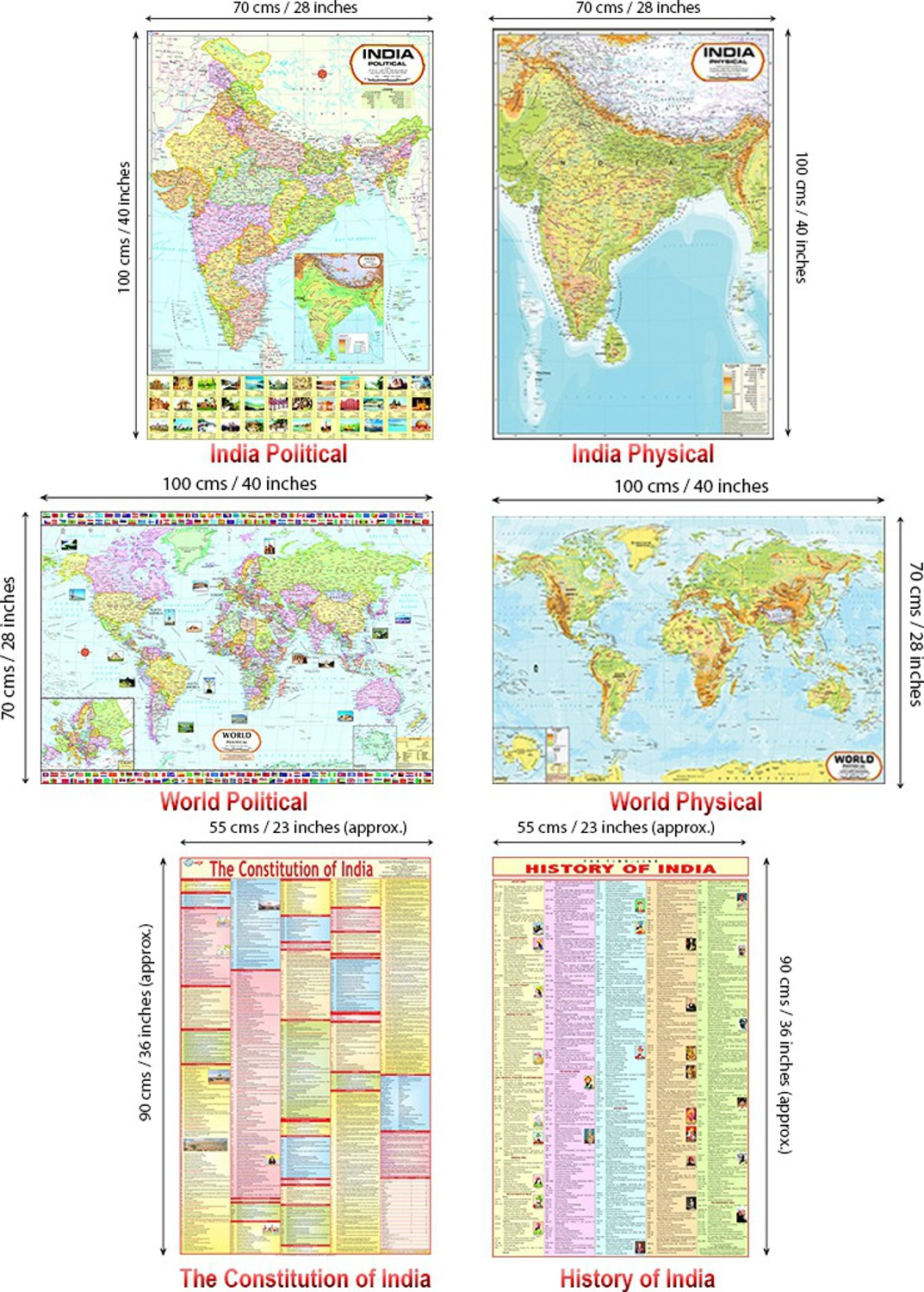 Image of India & World Map ( Both Political & Physical ) with Constitution of India Chart | LAMINATED SET OF 6 Photographic Paper