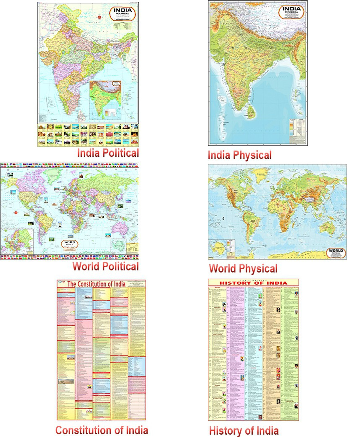 Image of India & World Map ( Both Political & Physical ) with Constitution of India Chart | LAMINATED SET OF 6 Photographic Paper