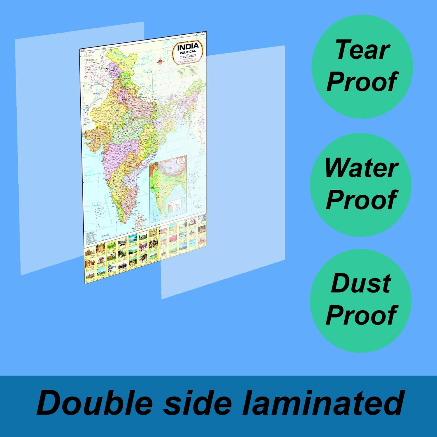 Image of India & World Map ( Both Political & Physical ) with Constitution of India Chart | LAMINATED SET OF 6 Photographic Paper