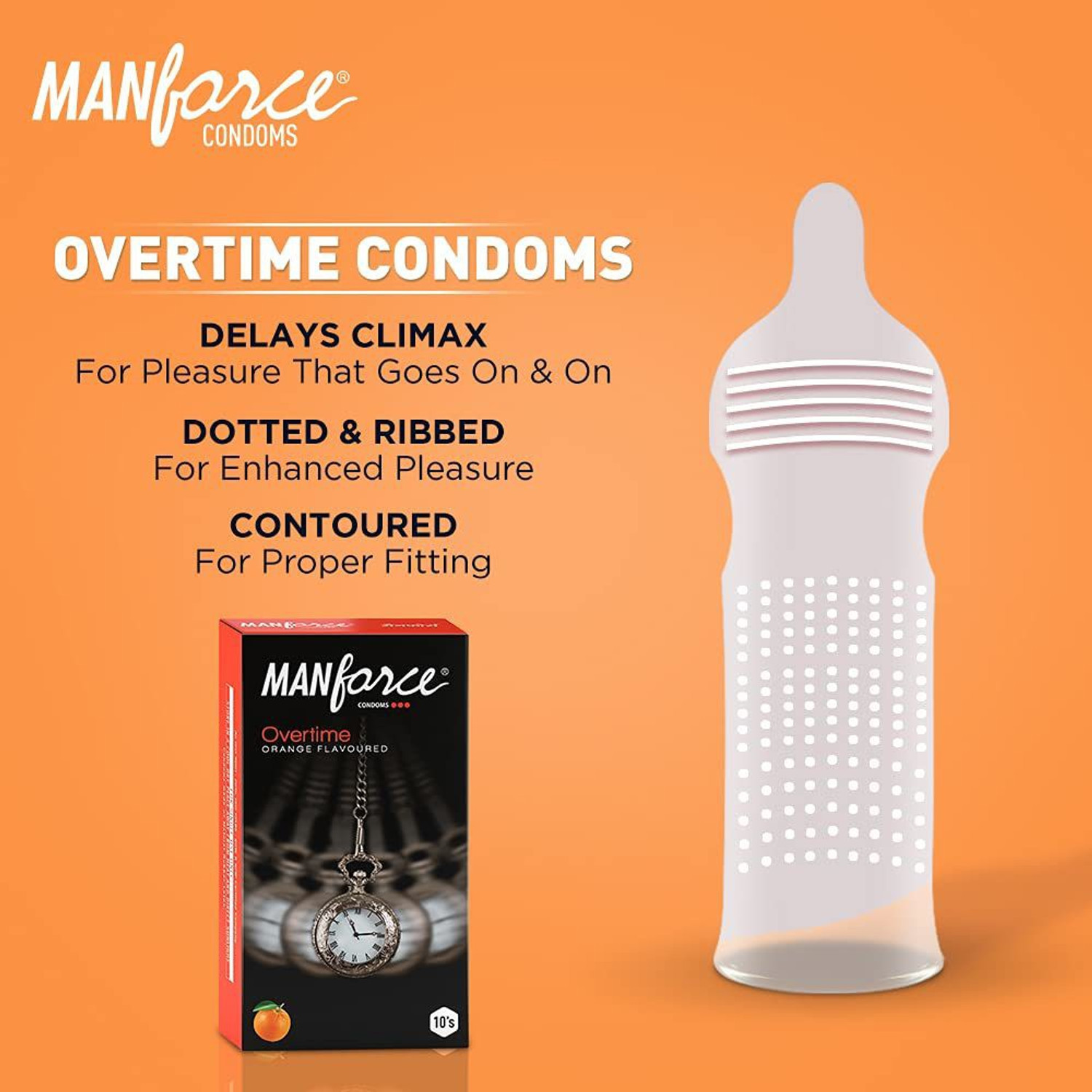 Image of MANFORCE 3 in 1 Wild Ribbed Contour Dotted Strawberry Flavor Condoms - 10 Pieces & 3 in 1 Condoms (Ribbed, Contour, Dotted), Overtime Orange Flavoured- 10 Pieces Condom (Set of 2, 20 Sheets)