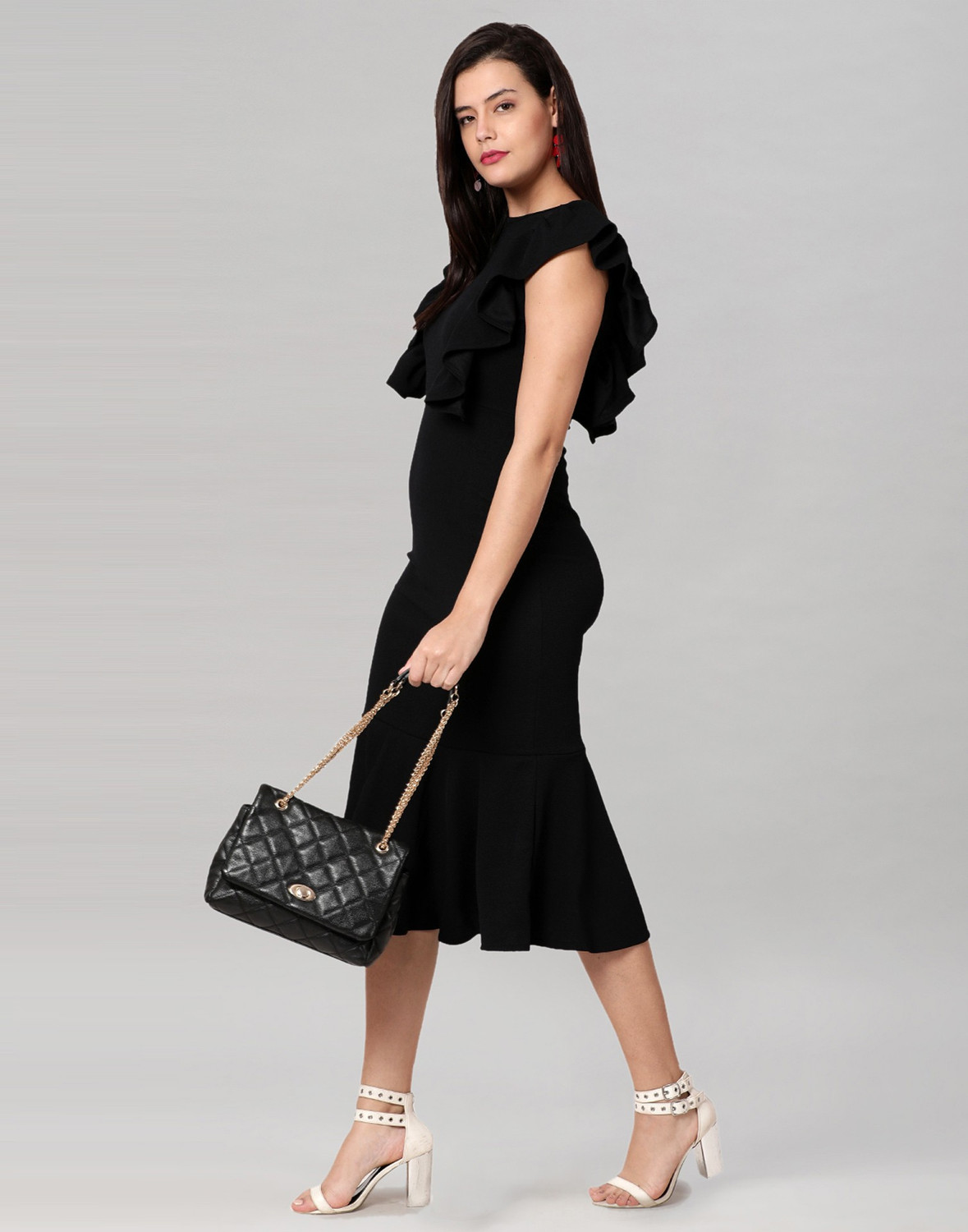 Image of Selvia Women Ruffled Black Below Knee Dress