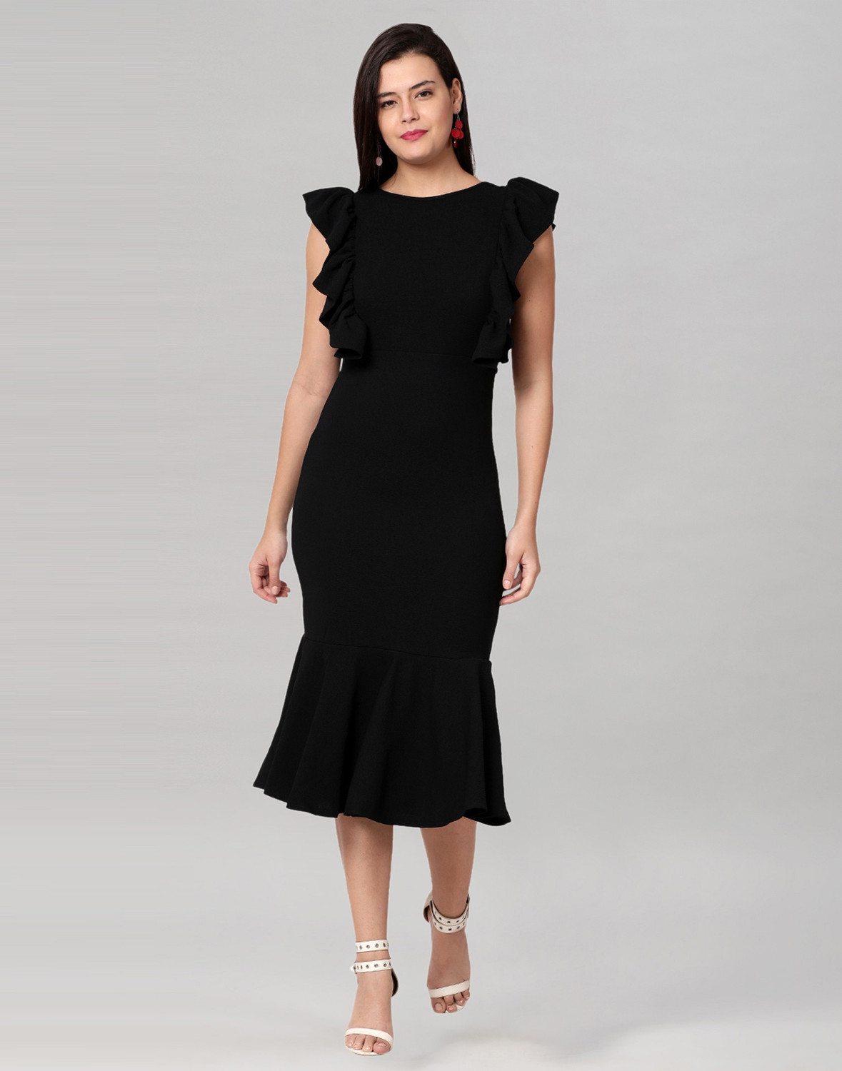 Image of Selvia Women Ruffled Black Below Knee Dress