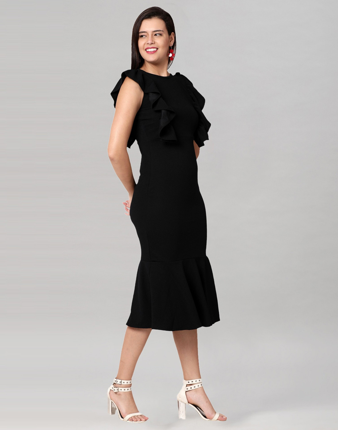Image of Selvia Women Ruffled Black Below Knee Dress