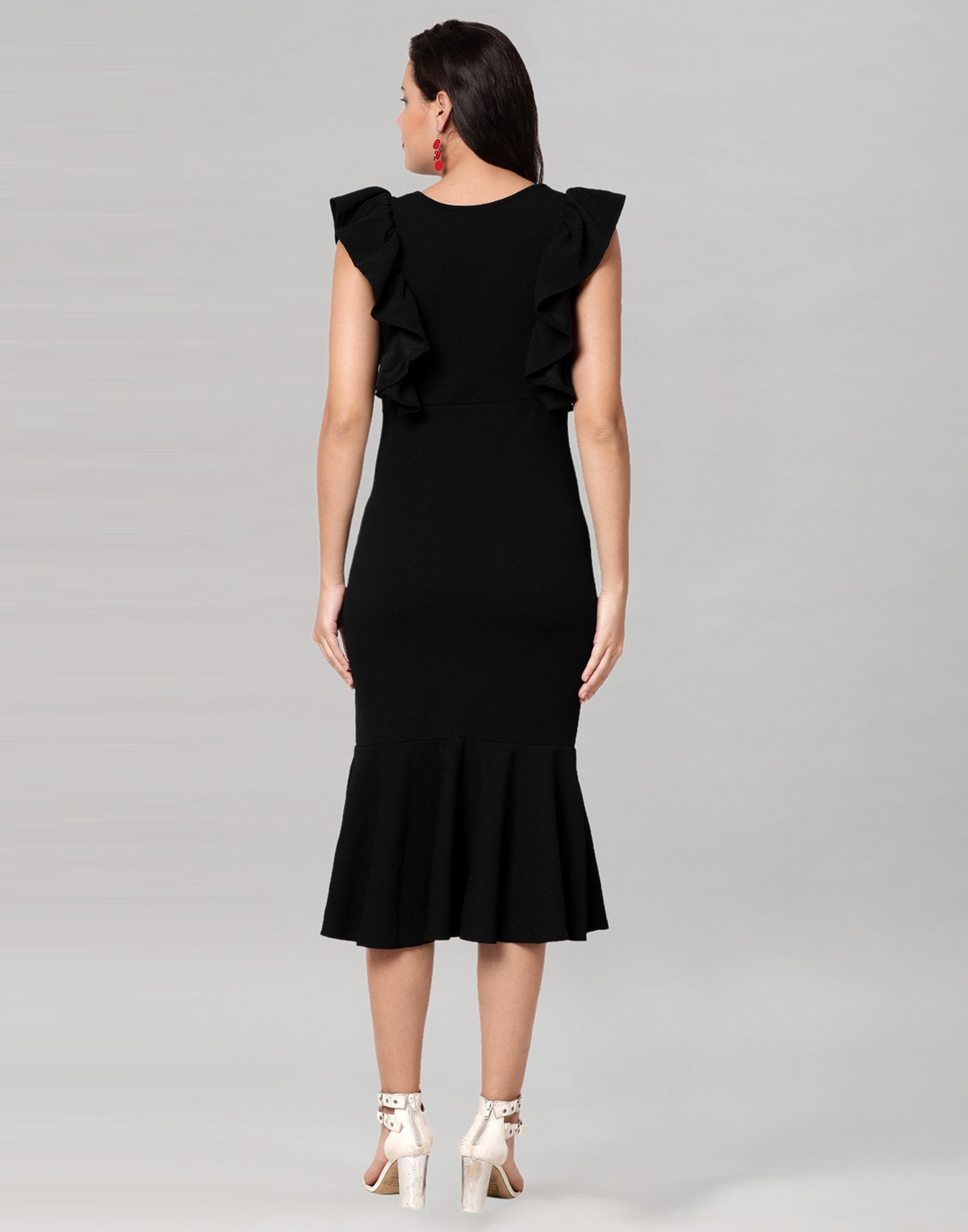 Image of Selvia Women Ruffled Black Below Knee Dress