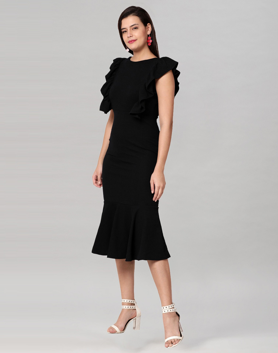 Image of Selvia Women Ruffled Black Below Knee Dress