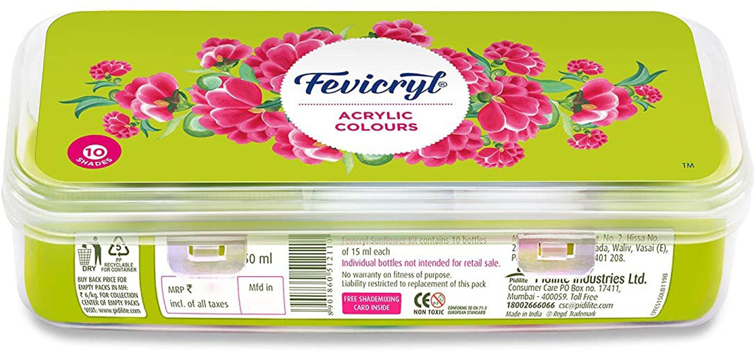 Image of Fevicryl 10 SHADES ACRYLIC COLORS SET WITH 1 PC OF PAINTING PALETTE & ROUND BRUSH COMBO FOR STUDENTS