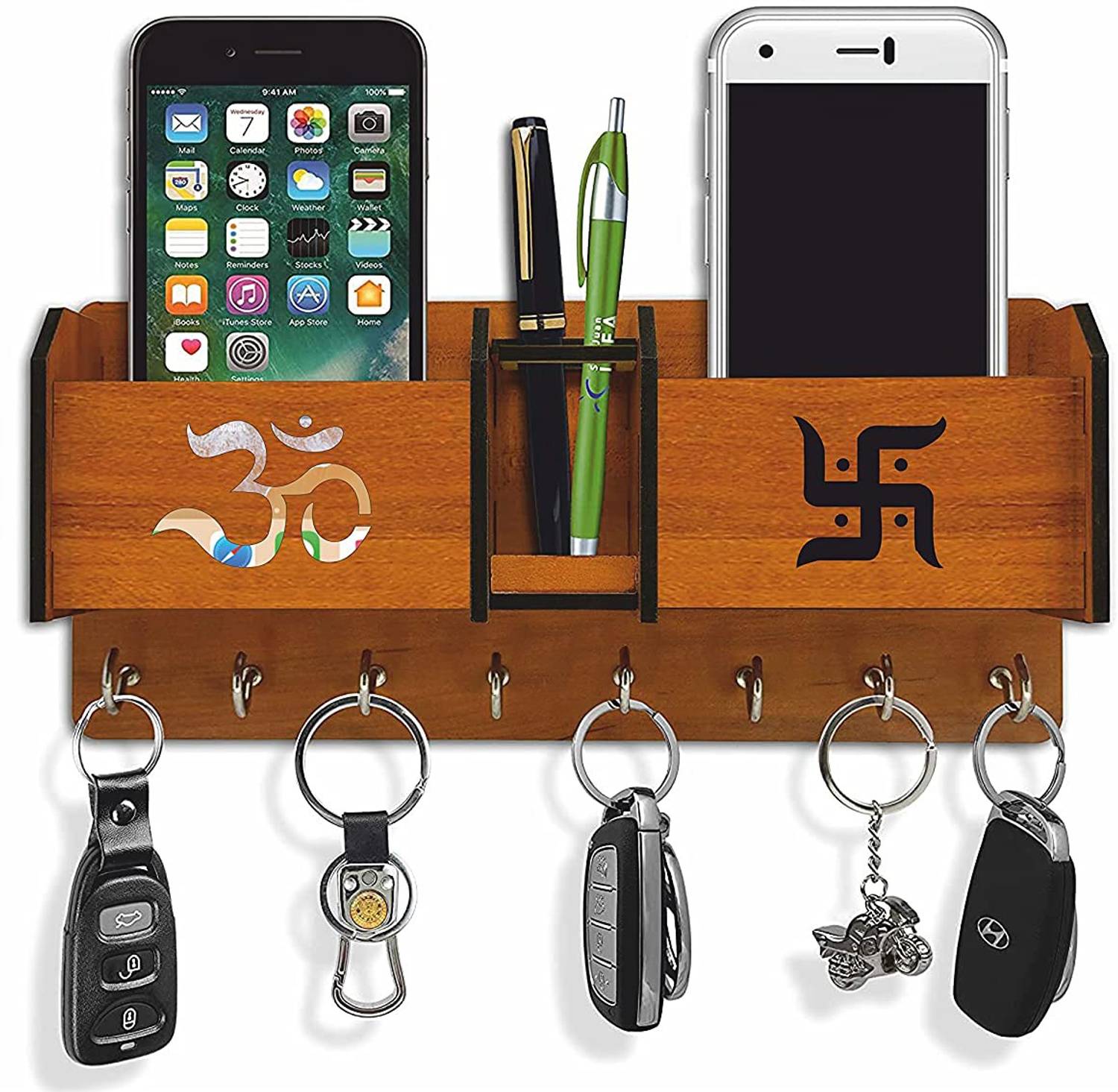 Advika Handicraft Wooden 2 Pocket Pen Stand 8 Hook Wood Key Holder (8 Hooks) Wood Key Holder
