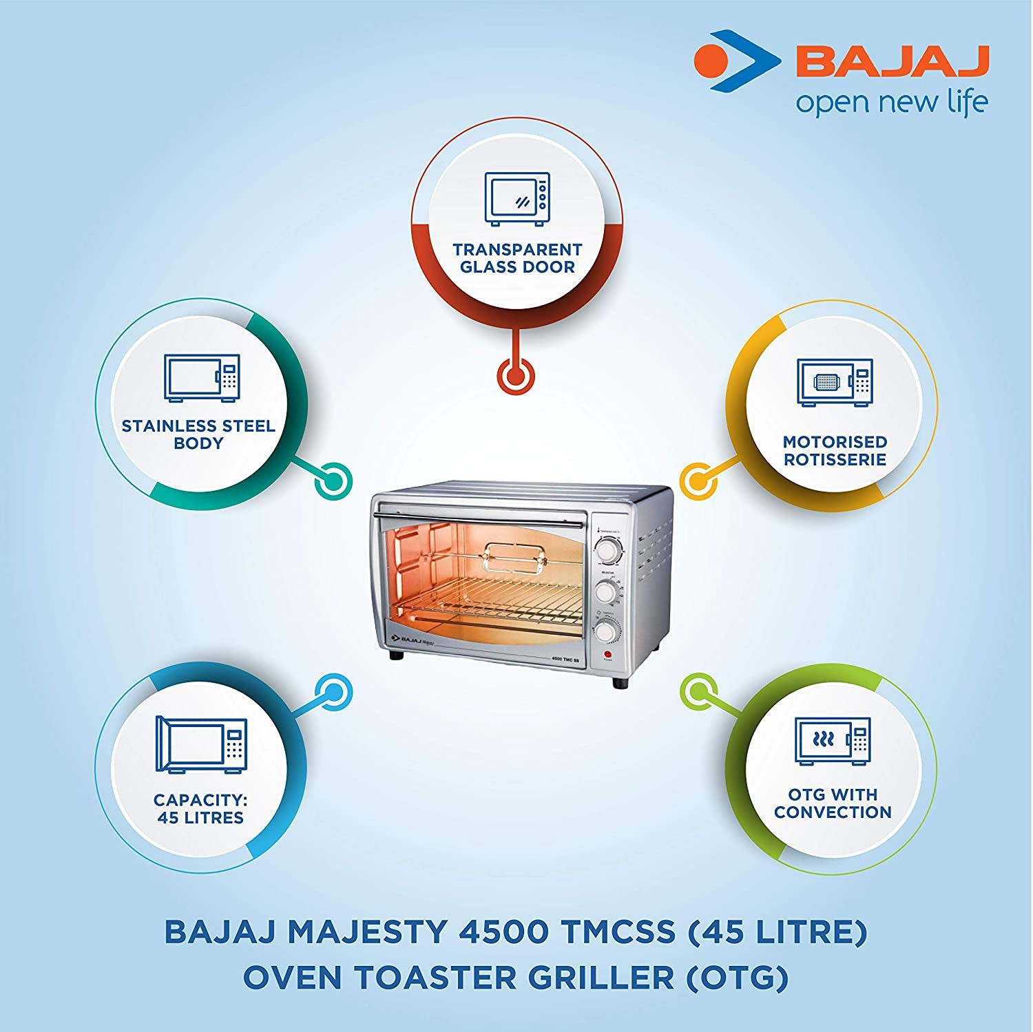 Image of BAJAJ 45-Litre Oven Toaster Grill OTG OTG 4500 TMCSS, Stainless Steel