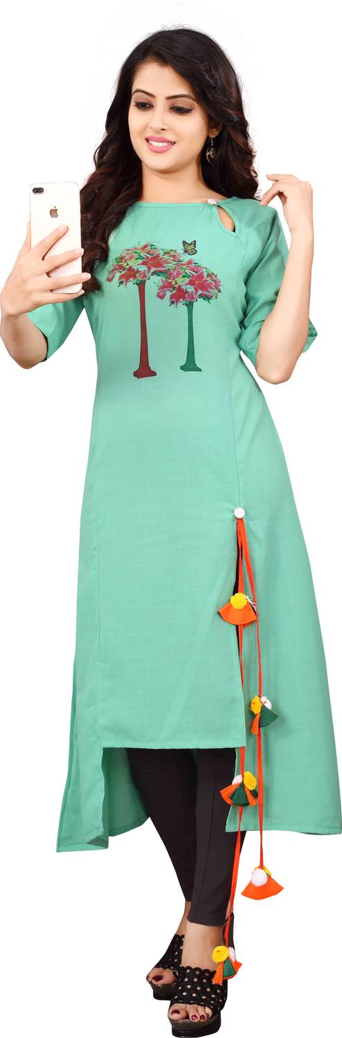Leriya Fashion Women Printed Cotton Silk Asymmetric Kurta (Multic