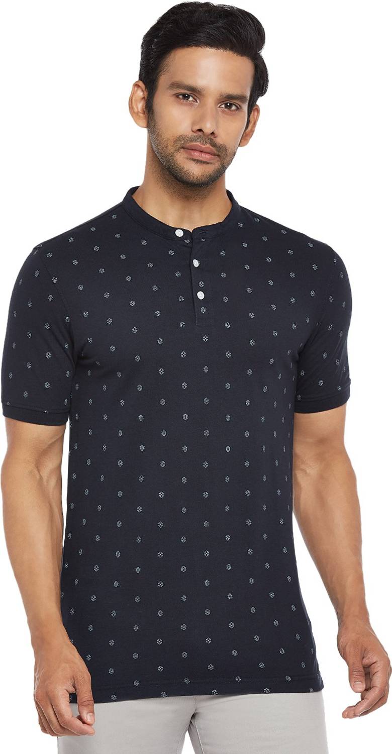 Byford by Pantaloons Printed Men Mandarin Collar Dark Blue, White T-Shirt