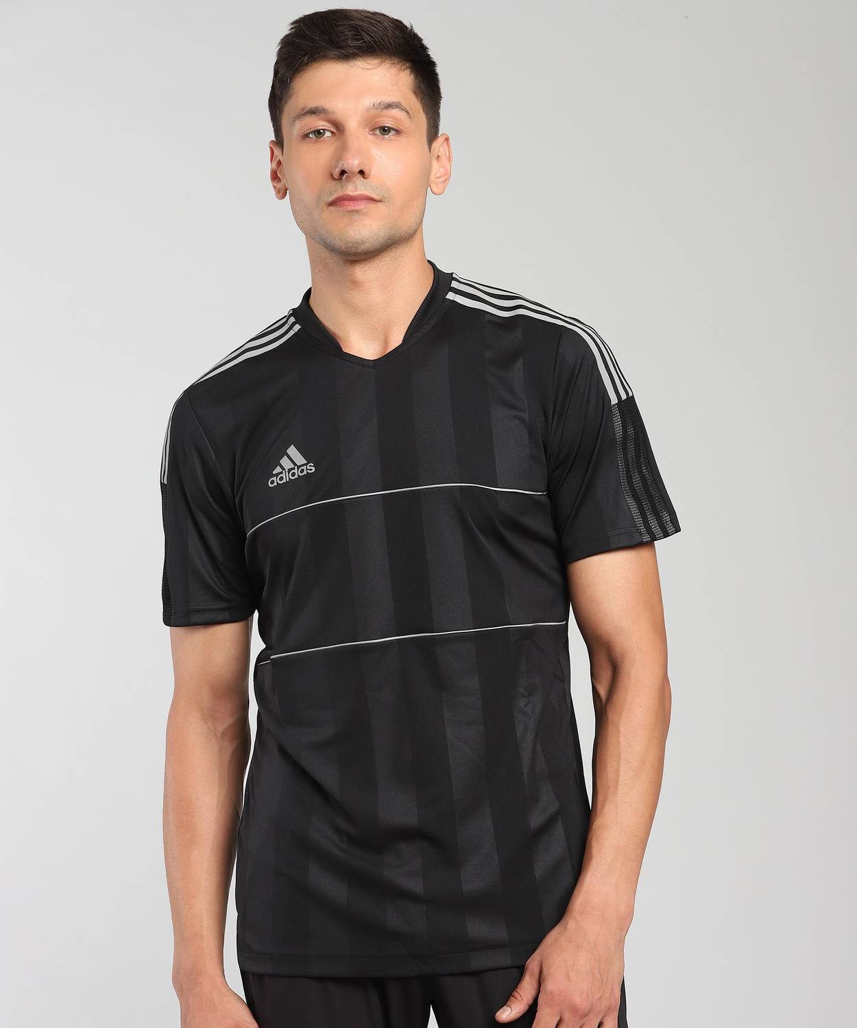 ADIDAS Striped Men V Neck Black T-Shirt