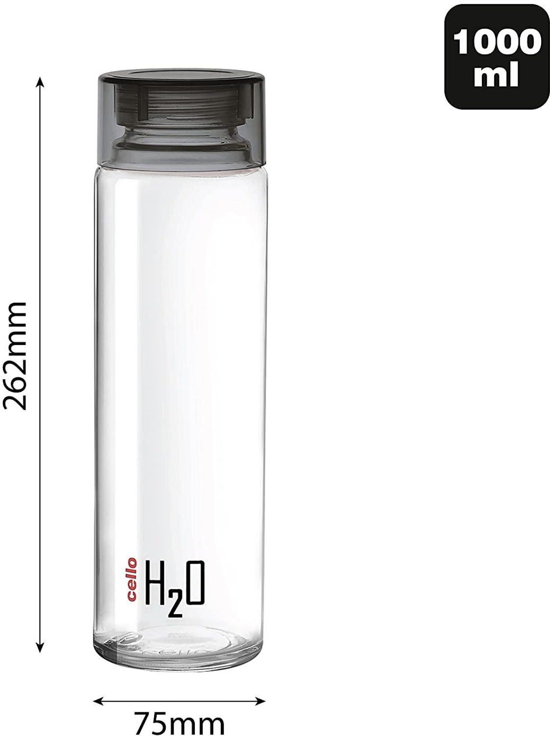 Image of cello H2O 1000 Glass Fridge Water Bottle with Plastic Cap, Set of 6, 920ml, Black 920 ml Glass Bottle