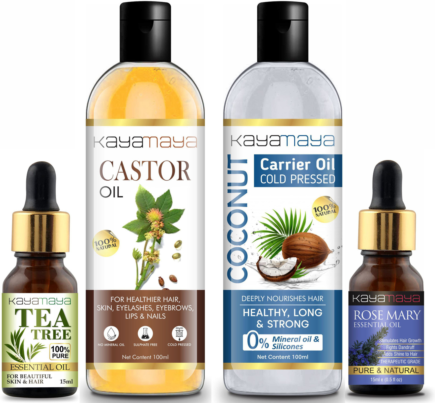 Image of Kayamaya Hair Oils Combo /Hair Care Kit (Castor Oil + Coconut Oil + Tea Hair Oil