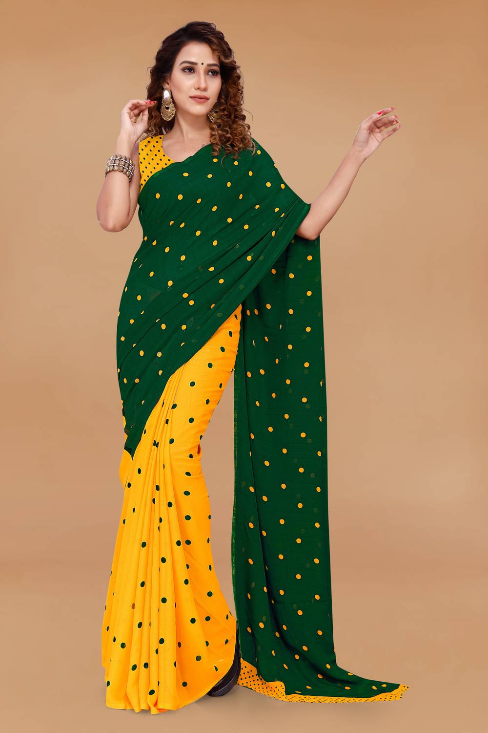 Anand Sarees Polka Print, Printed, Graphic Print Daily Wear Georgette Saree