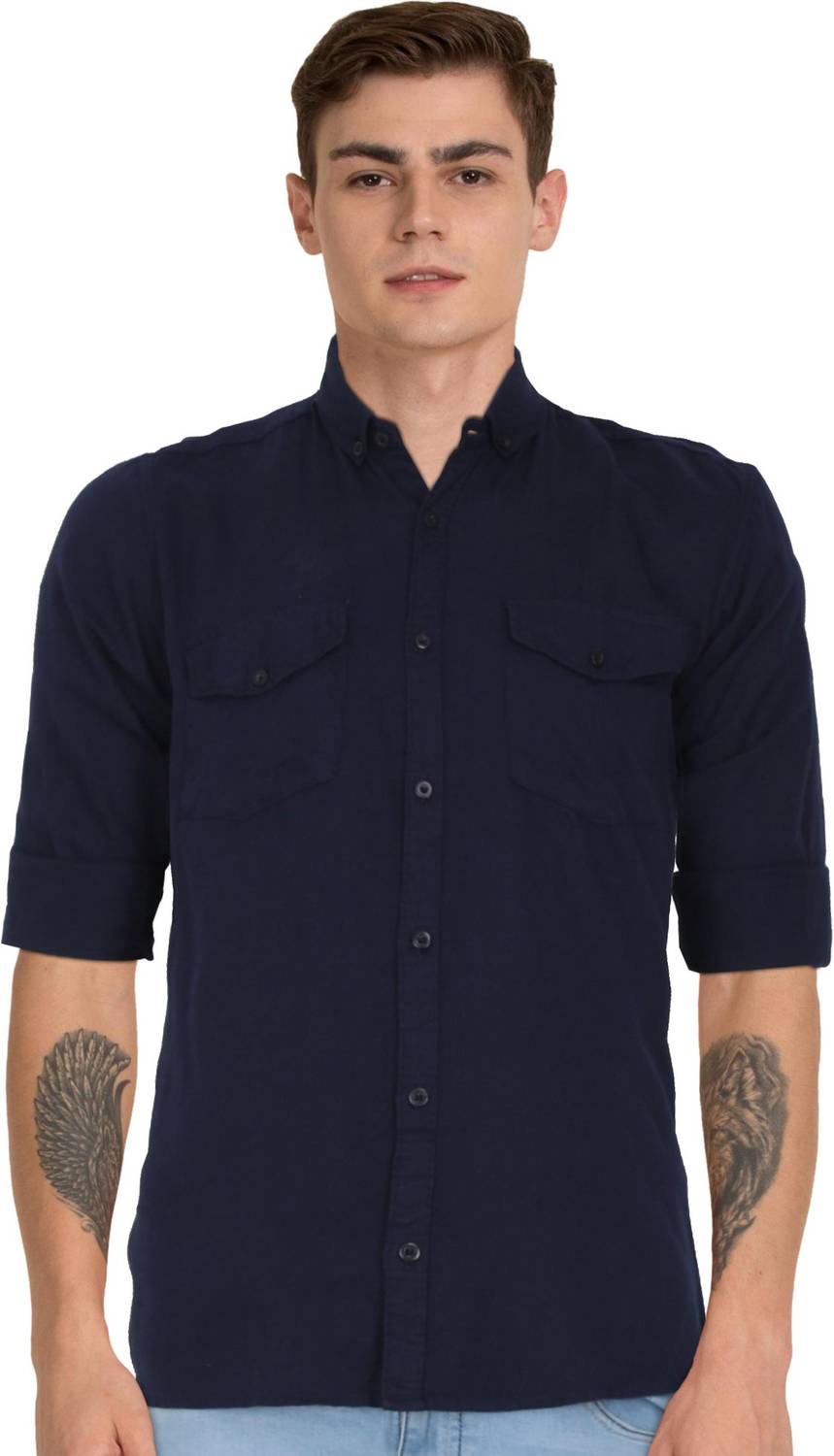 Indi Hemp Men Solid Casual Dark Blue Shirt