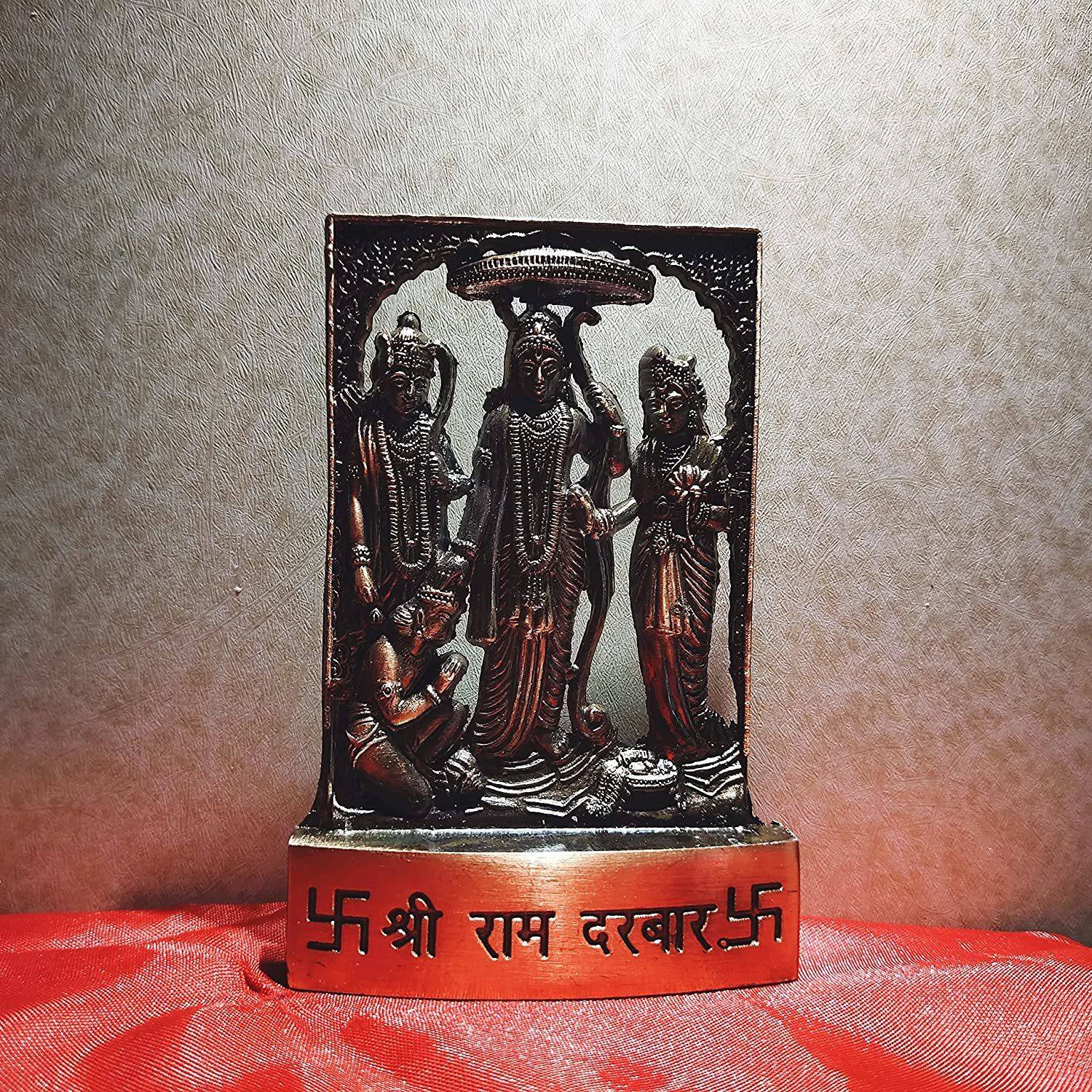 amishi blissful decor Handicraft Metal Ram Darbar Auspicious Indian Art Statues Idol for Car Dashboard Mandir Pooja Murti Temple Puja Home Decor Office Showpiece (Copper Finish) Decorative Showpiece  -  12 cm