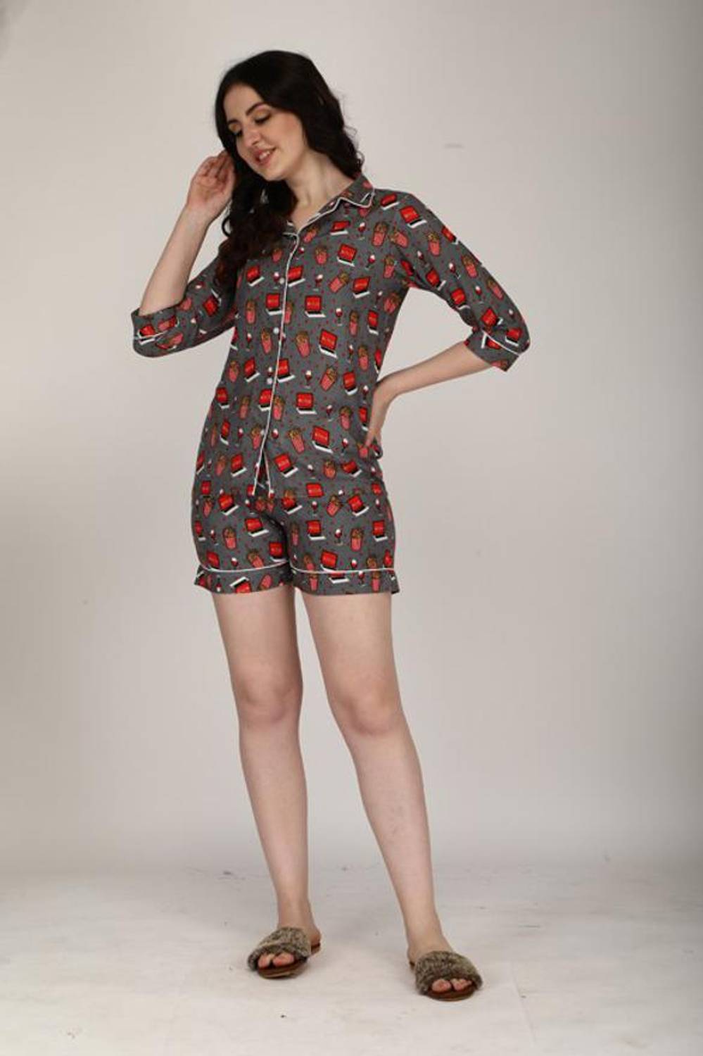 berrylicious Women Printed Grey Top & Shorts Set
