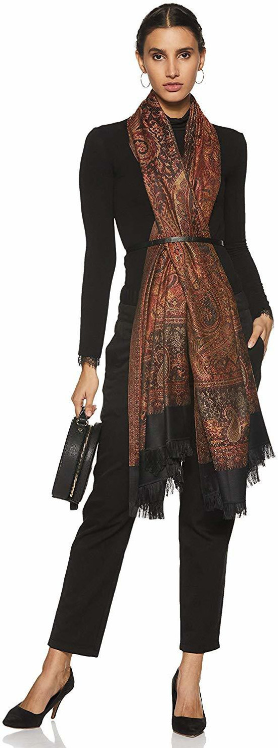 Image of WEAVERS VILLA Polyester Wool Blend Woven, Paisley Women Shawl (Black, Maroon)