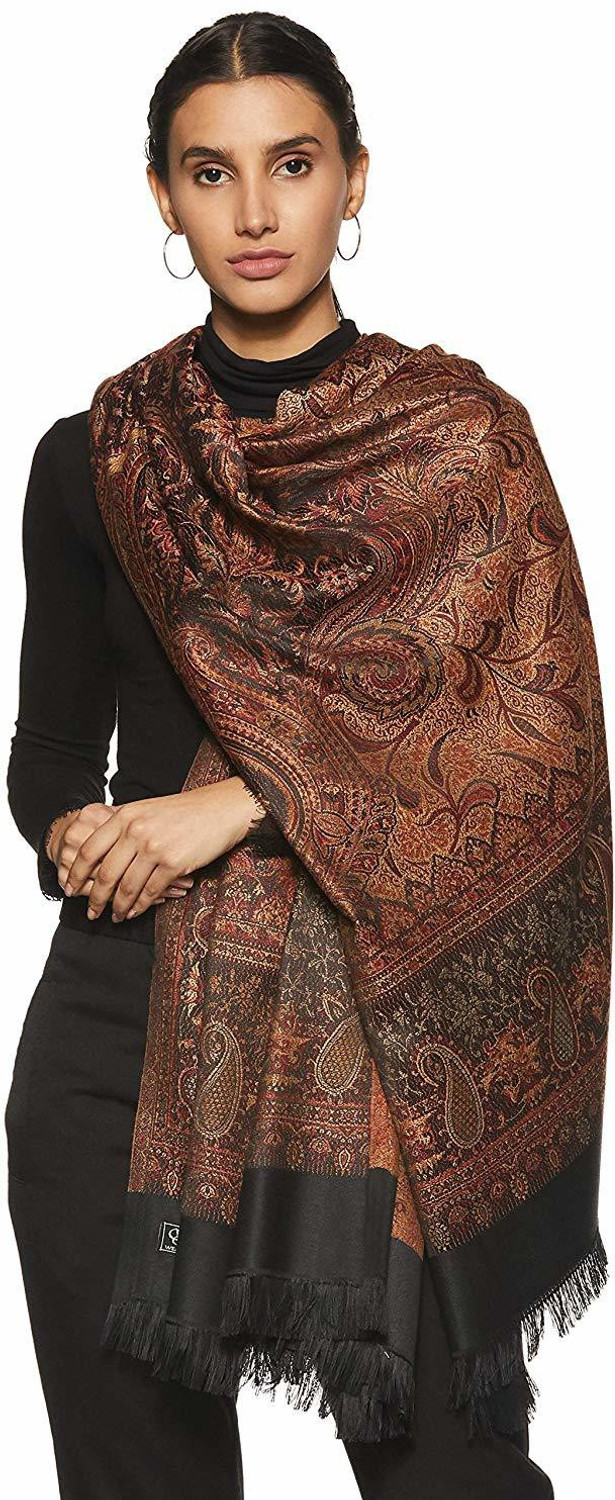 Image of WEAVERS VILLA Polyester Wool Blend Woven, Paisley Women Shawl (Black, Maroon)