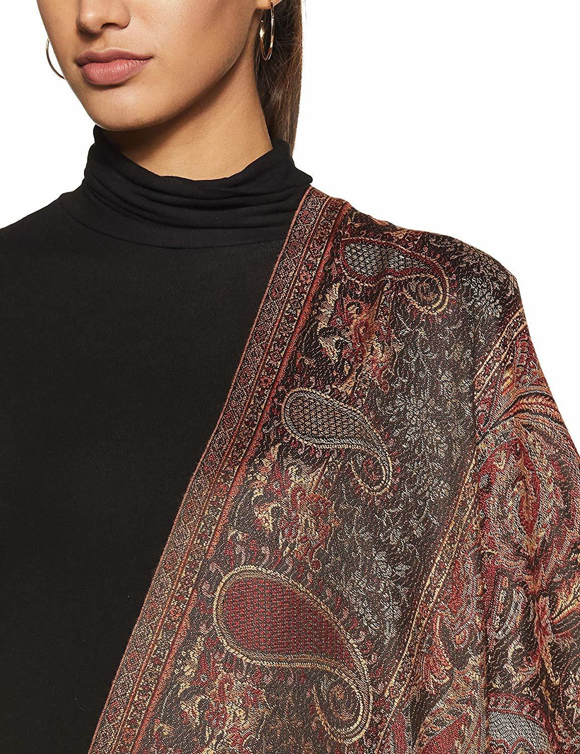 Image of WEAVERS VILLA Polyester Wool Blend Woven, Paisley Women Shawl (Black, Maroon)