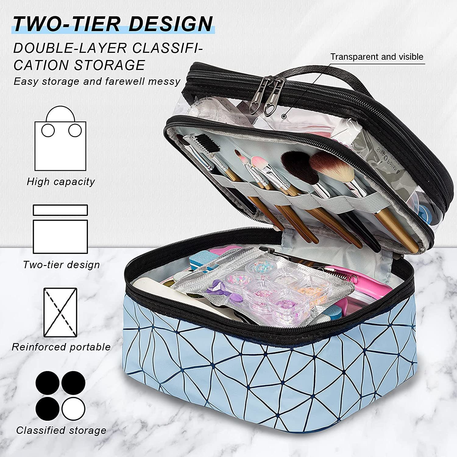 Image of TradeVast Makeup Bags Double Layer Travel Cosmetic Cases Make up Organizer Toiletry Bags (Blue) Makeup Vanity Box