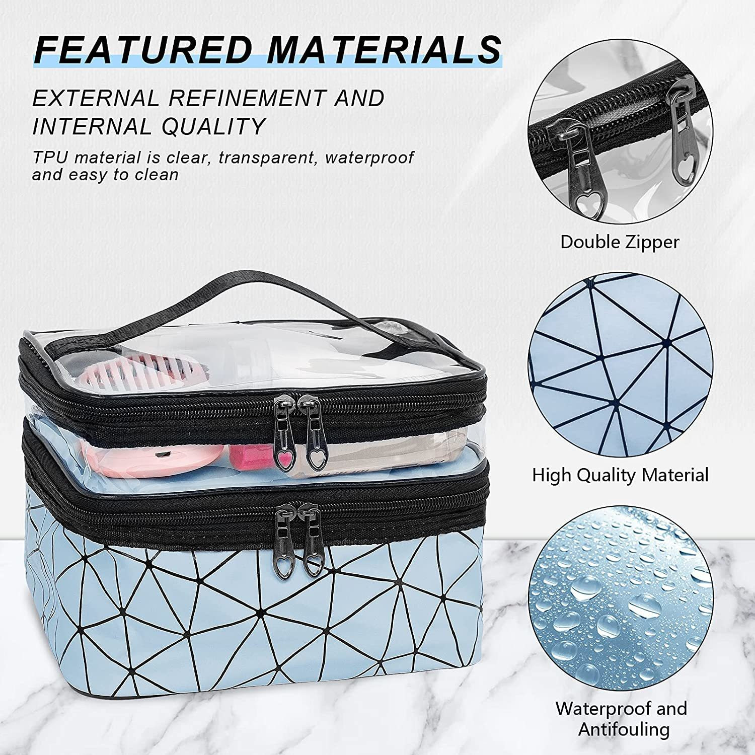Image of TradeVast Makeup Bags Double Layer Travel Cosmetic Cases Make up Organizer Toiletry Bags (Blue) Makeup Vanity Box