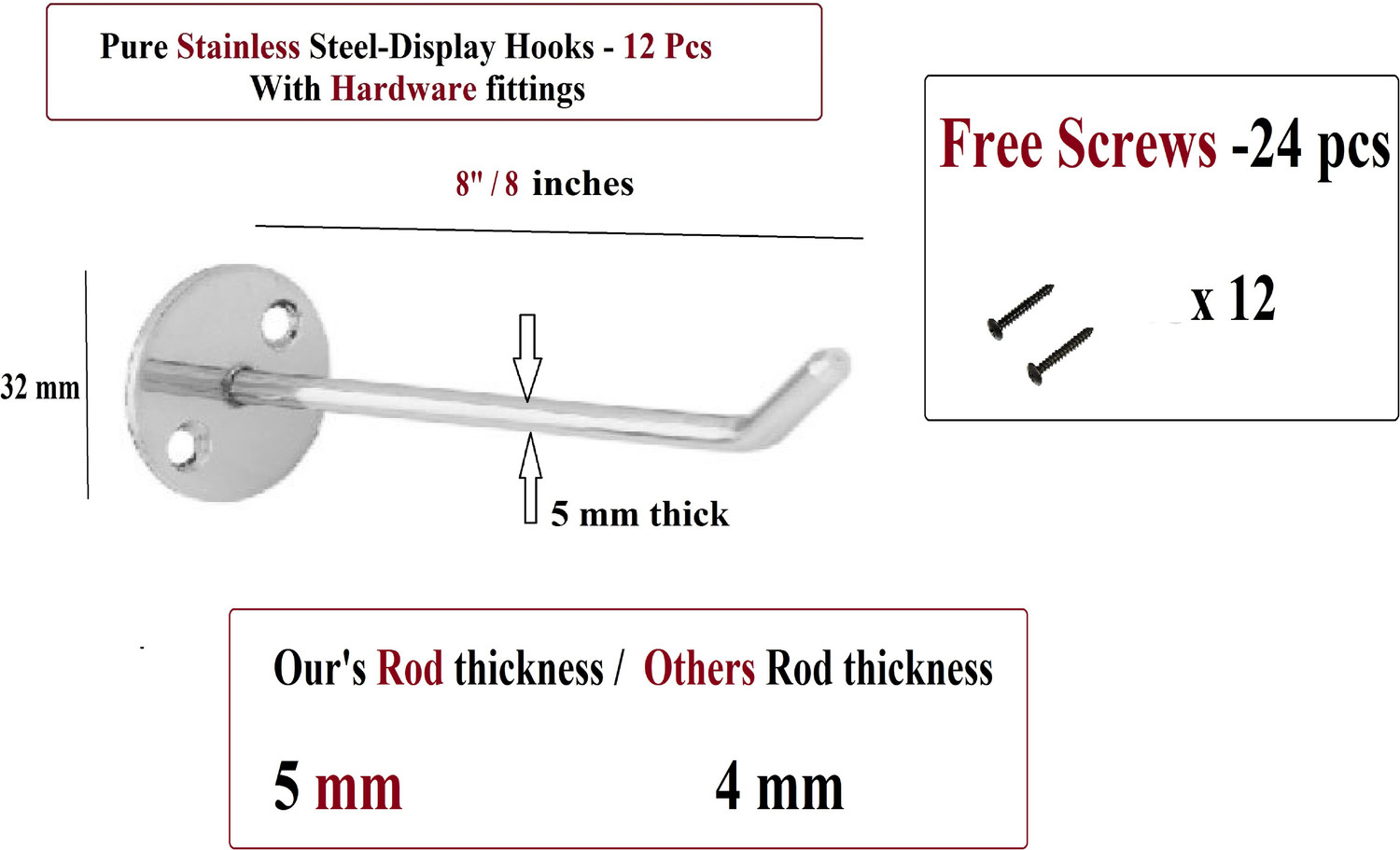 Image of Q1 Beads 12 Pcs 8 Inch (5 mm Rod) Stainless Steel Display Hook for Shop , Showroom , Supermarket , Boutique ,Mobile Shop - Heavy Duty with Hardware Fittings(8 Inches,5 mm Thick ,12 Pcs) Hook 1