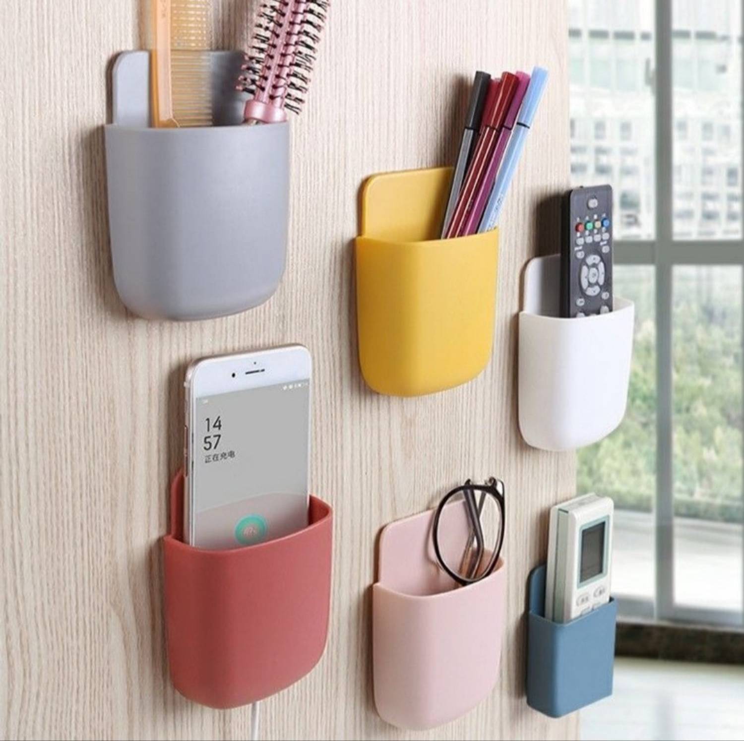 Meher Wall Mount Phone Holder set of 4 with Adhesive Strips, Charging - Multicolor Stationery Organizer