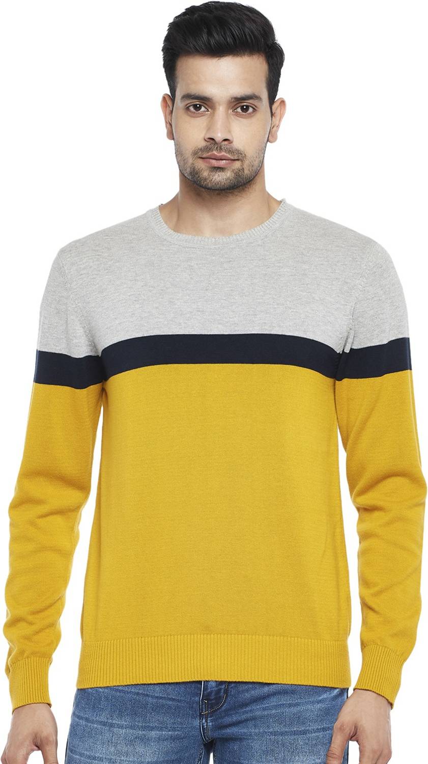 Byford by Pantaloons Colorblock Round Neck Casual Men Yellow Sweater