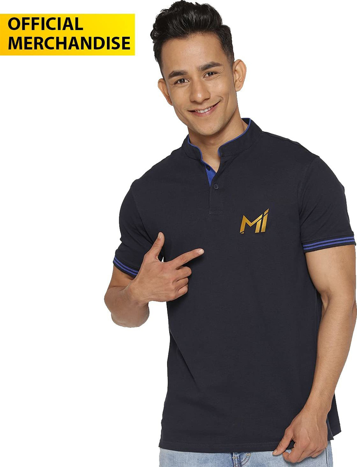 Image of The Souled Store Printed Men Mandarin Collar Blue T-Shirt