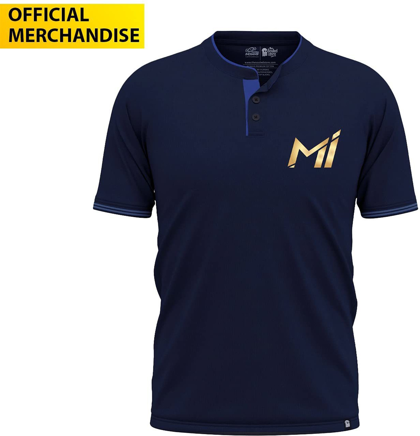 Image of The Souled Store Printed Men Mandarin Collar Blue T-Shirt